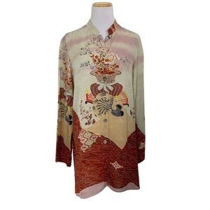 Citron 100% Silk Button Up Asian Inspired Tunic Blouse Women’s M Floral Mandarin